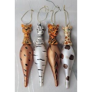 4 Africa Safari Animal Art Glass Ornaments - Giraffe, Zebra, Leopard &‎ Tiger!